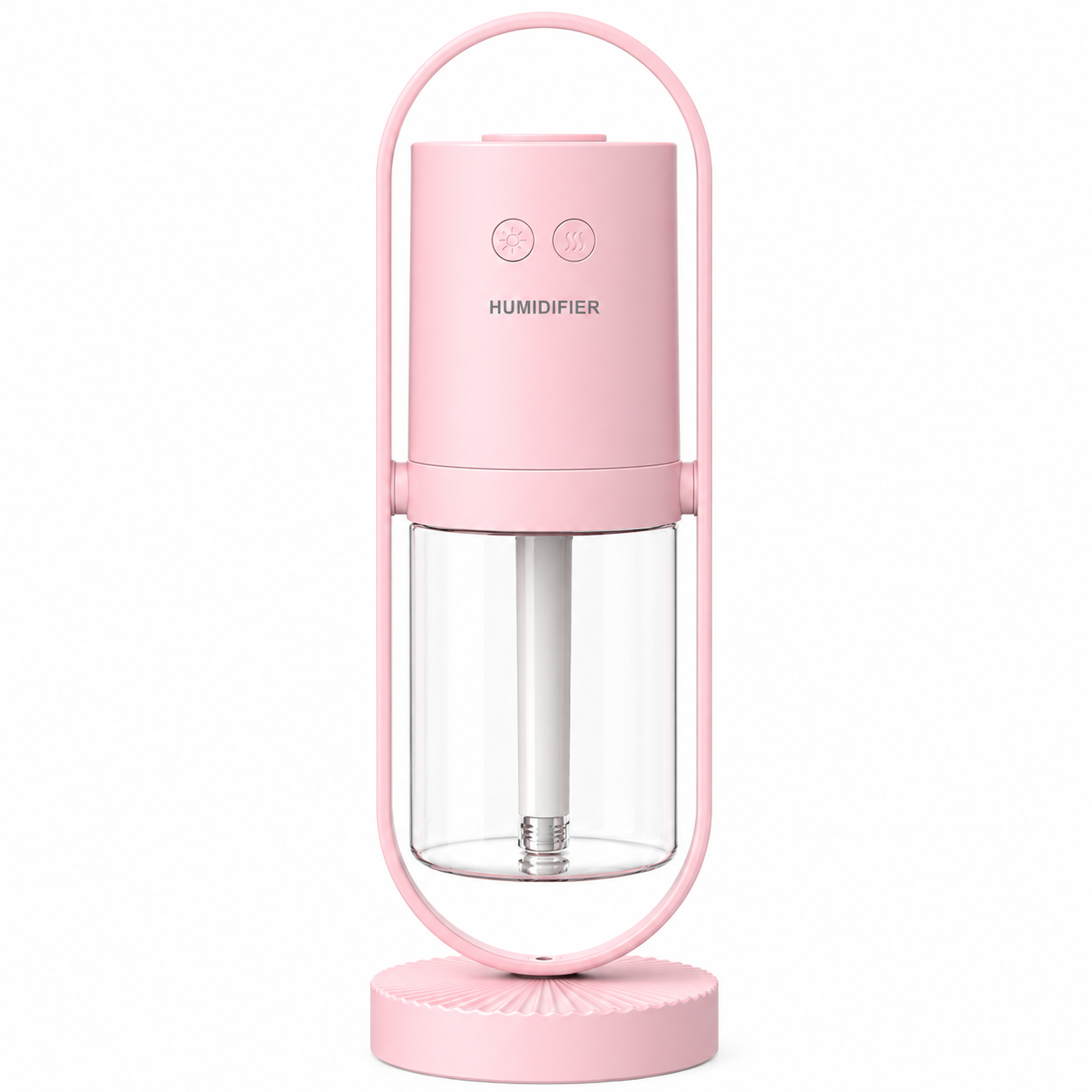 Pink portable humidifier with a clear water tank on a white background