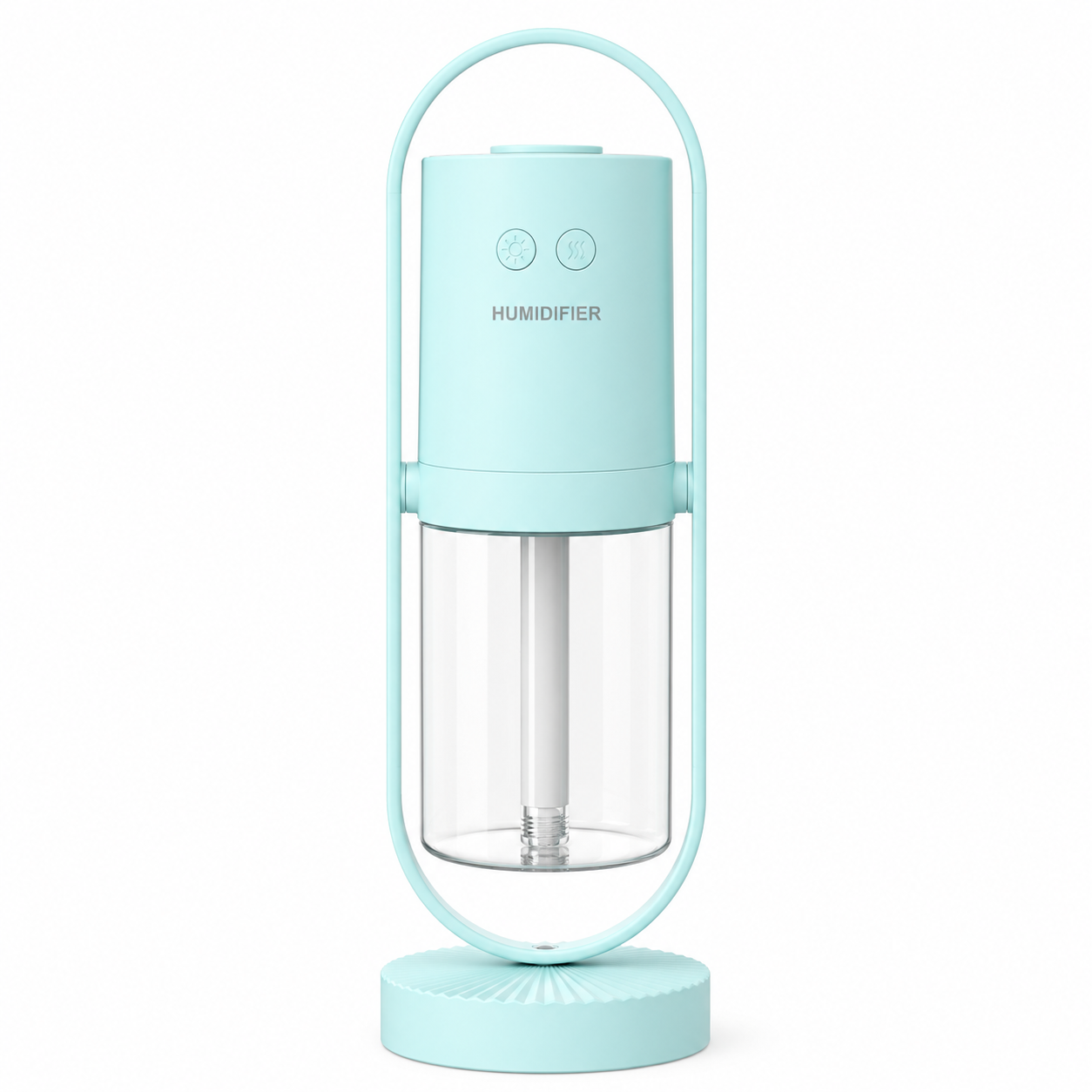 Mint green humidifier with clear water tank on a white background