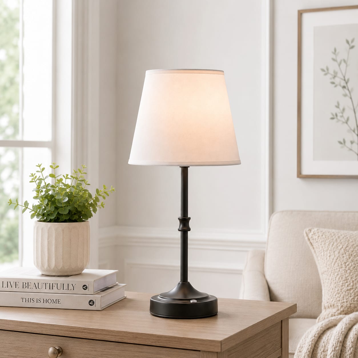 Table lamp on a wooden side table with books and a plant in a living room setting.