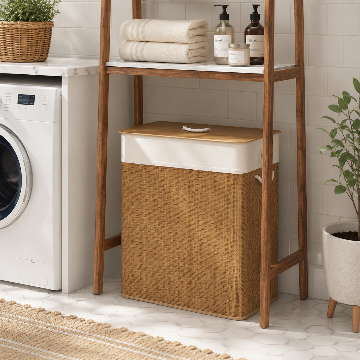Double Bamboo Laundry Hamper with Lid & Removable Liner