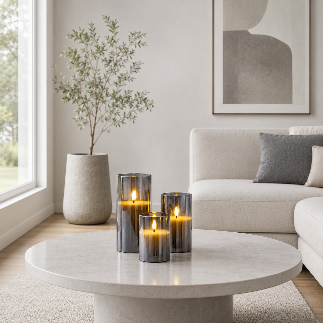 Gray Glass Flameless LED Candle Set with Remote (Set of 3)