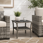 Outdoor Rattan Side Table with Tempered Glass Top