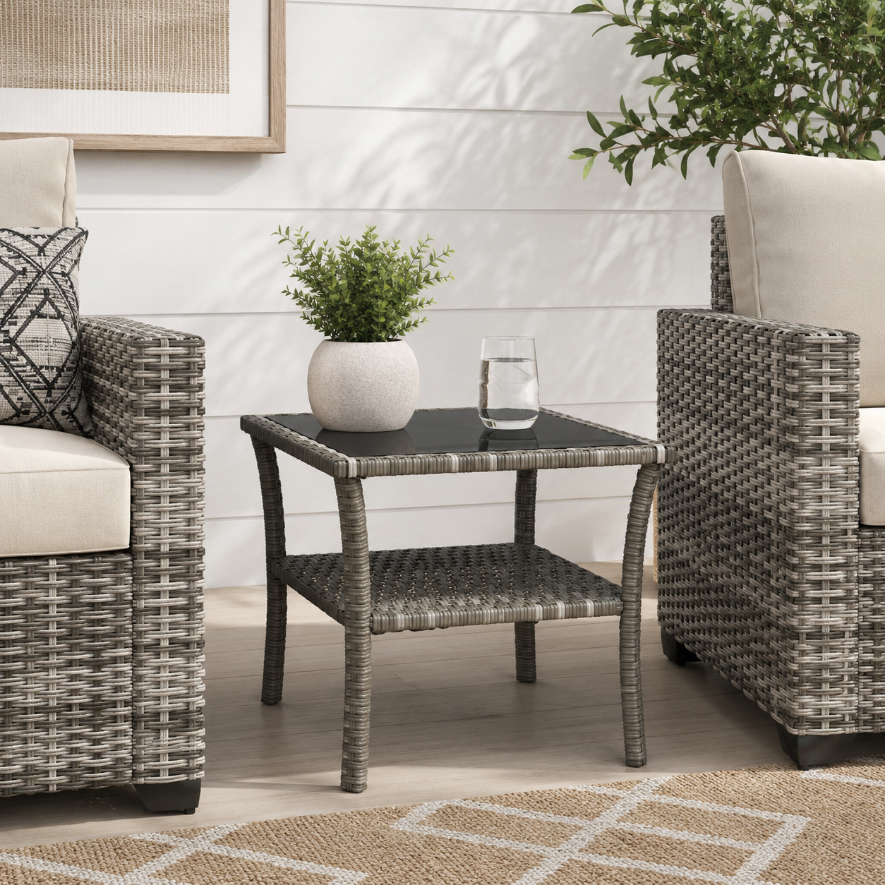 Outdoor Rattan Side Table with Tempered Glass Top
