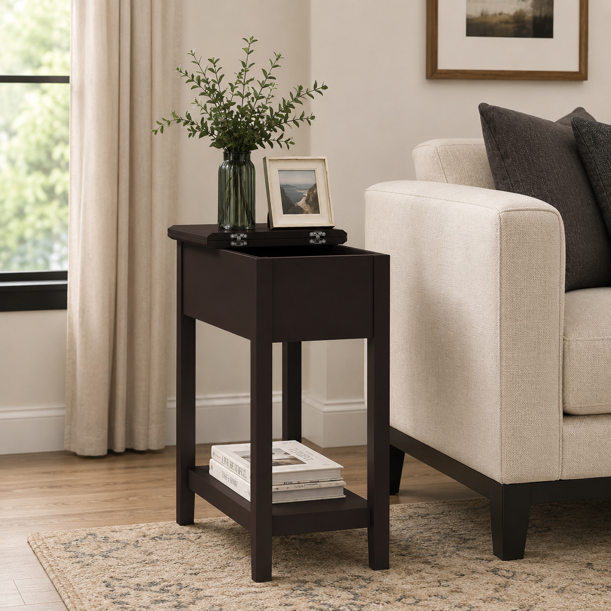Narrow End Table with Flip-Top Storage