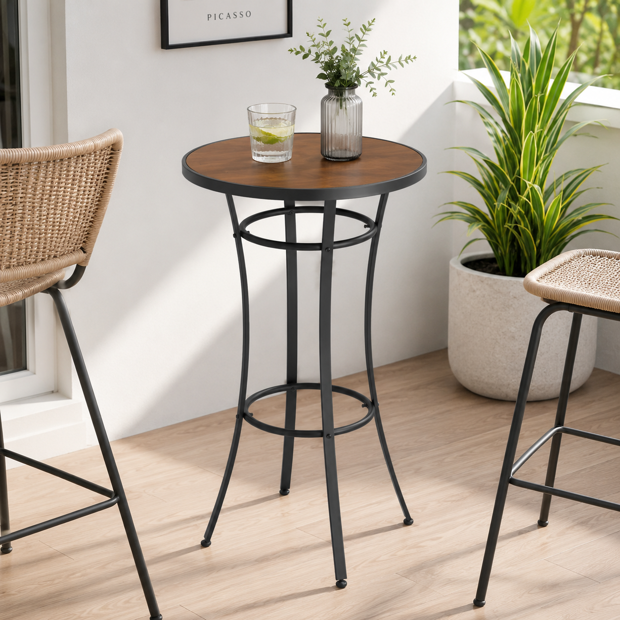 Round Outdoor Bar Table with Steel Frame