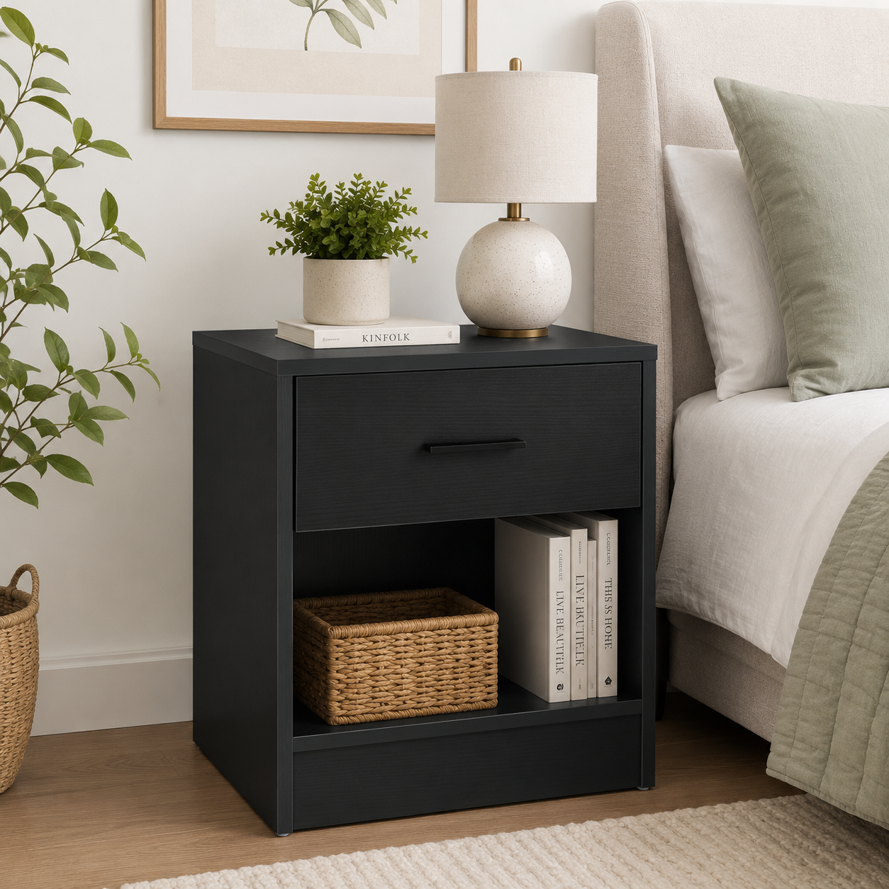 Modern Side Table with Drawer & Storage Shelf