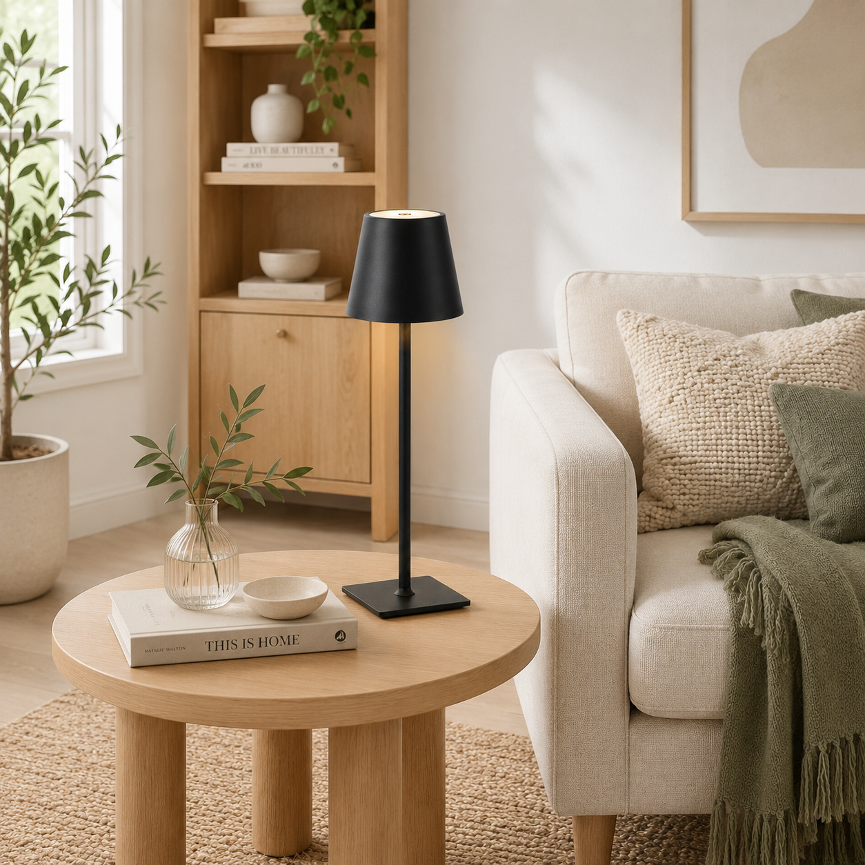 Living room with beige sofa, wooden coffee table, and bookshelf.