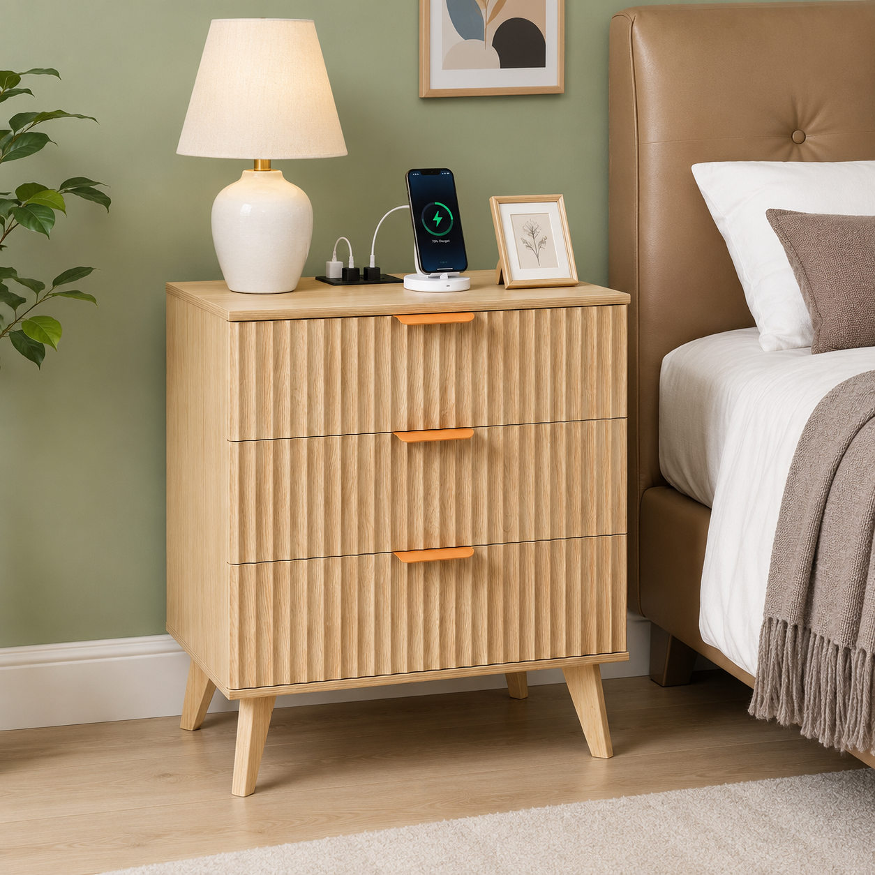 Fluted Nightstand with Charging Station & 3 Drawers