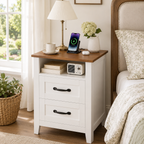 Farmhouse Nightstand with Charging Station, 2 Drawers & Open Shelf