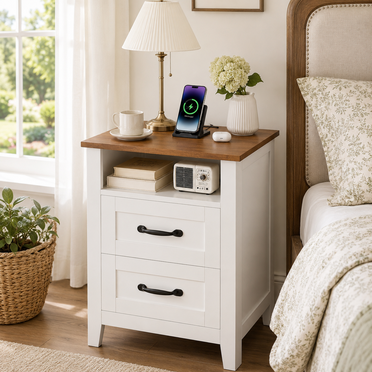 Farmhouse Nightstand with Charging Station, 2 Drawers & Open Shelf