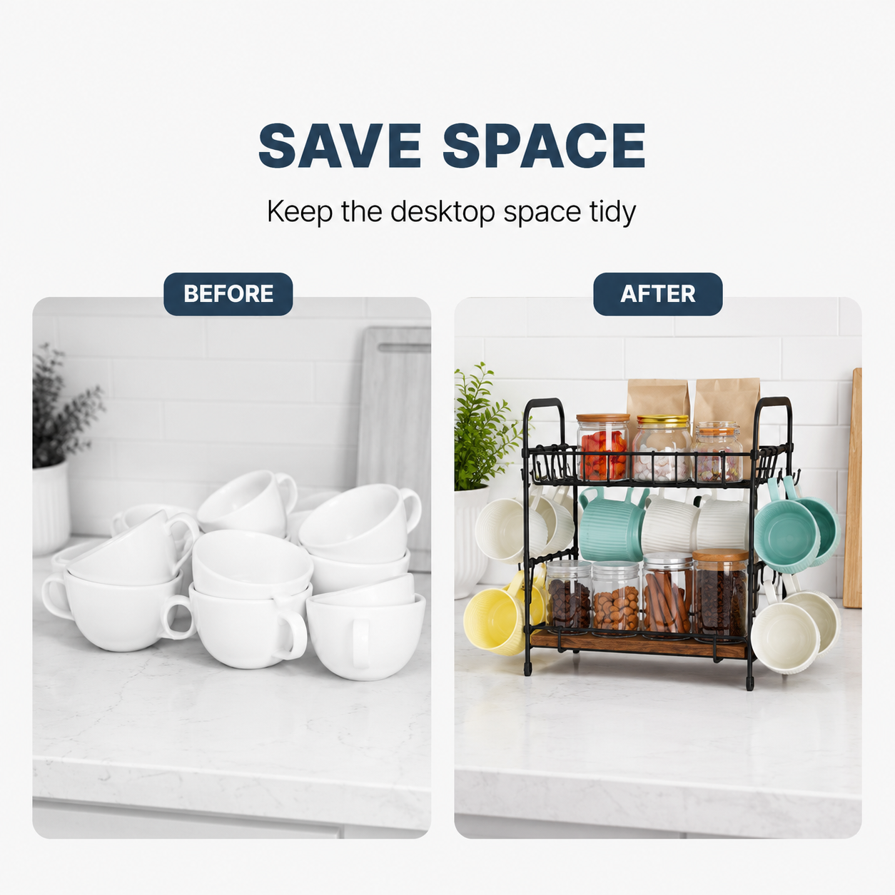 A before-and-after comparison showing a black metal kitchen utensil organizer holding mugs, cups, and jars on a countertop, with the text 'SAVE SPACE' above and 'KEEP THE DESKTOP SPACE TIDY' below. 2-Tier Coffee Bar Organizer with Mug Hooks. Vitly Hub