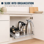A pull-out organizer tray installed inside a kitchen cabinet, shown holding kitchen items such as a coffee maker, thermos, jars, and containers. The image includes marketing text at the top reading 'SLIDE INTO ORGANIZATION' and a small inset showing the organizer empty. Heavy-Duty Pull-Out Cabinet Organizer. Vitly Hub