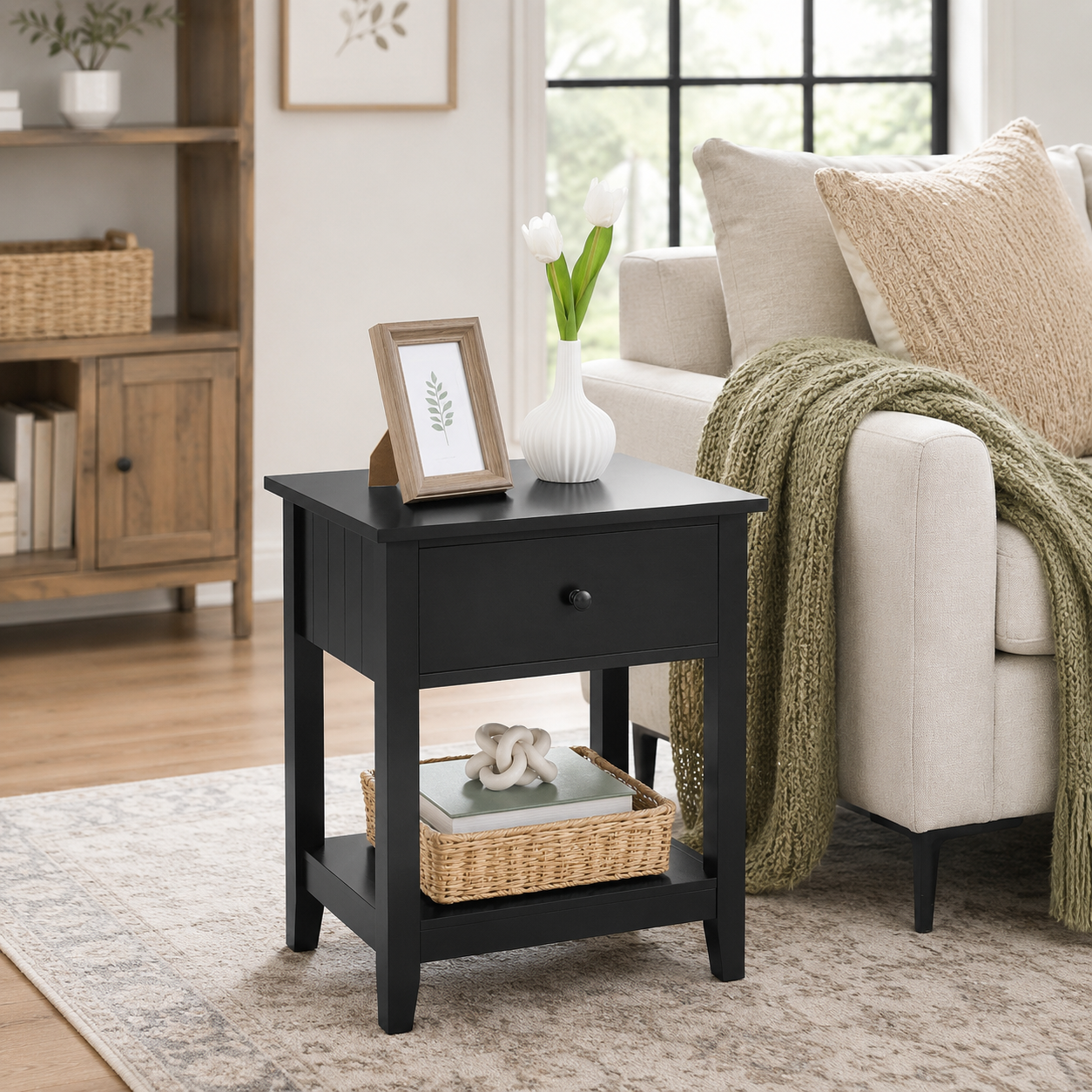 Modern Side Table with Drawer & Storage Shelf