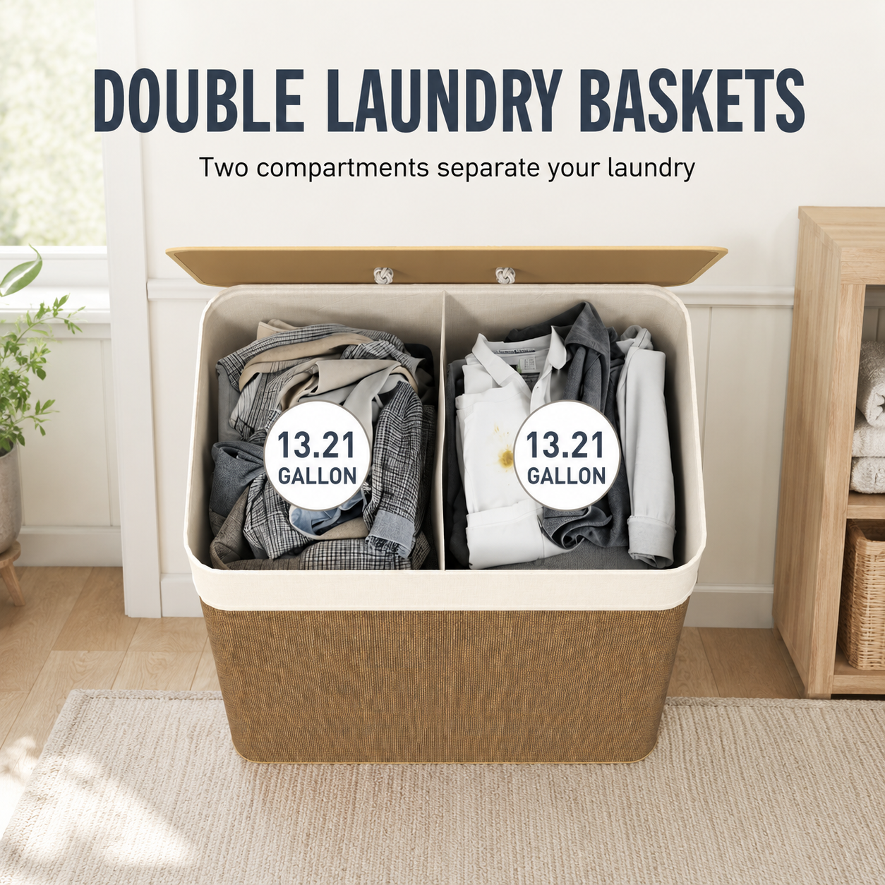 Double Bamboo Laundry Hamper with Lid & Removable Liner