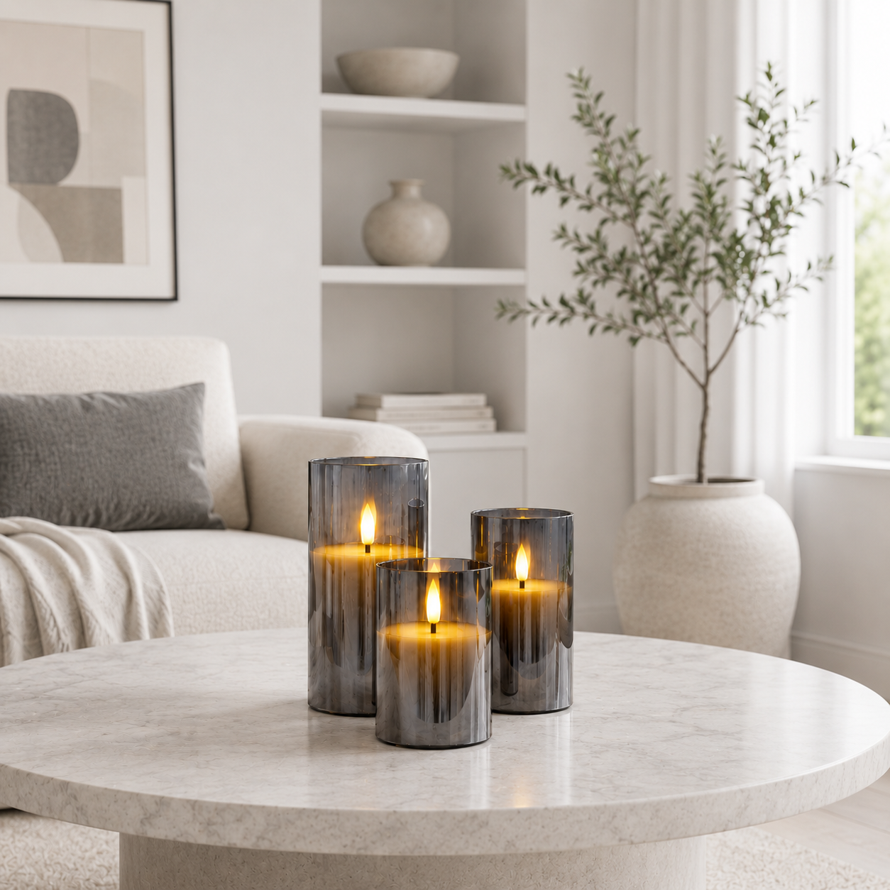Gray Glass Flameless LED Candle Set with Remote (Set of 3)