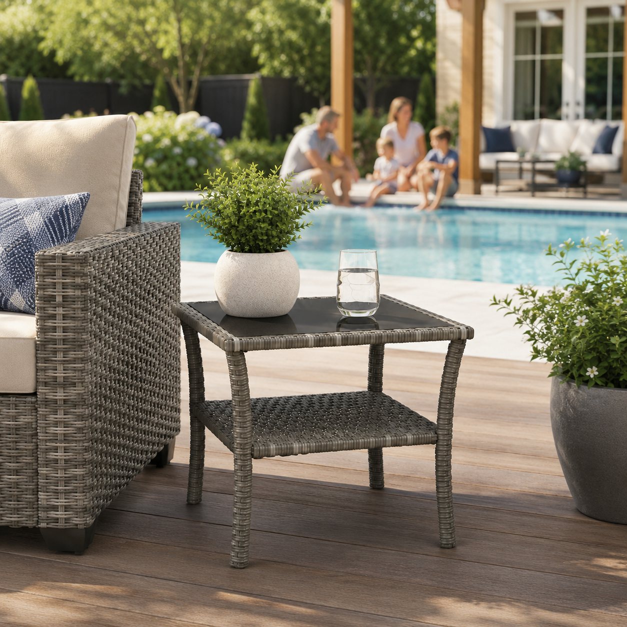 Outdoor Rattan Side Table with Tempered Glass Top
