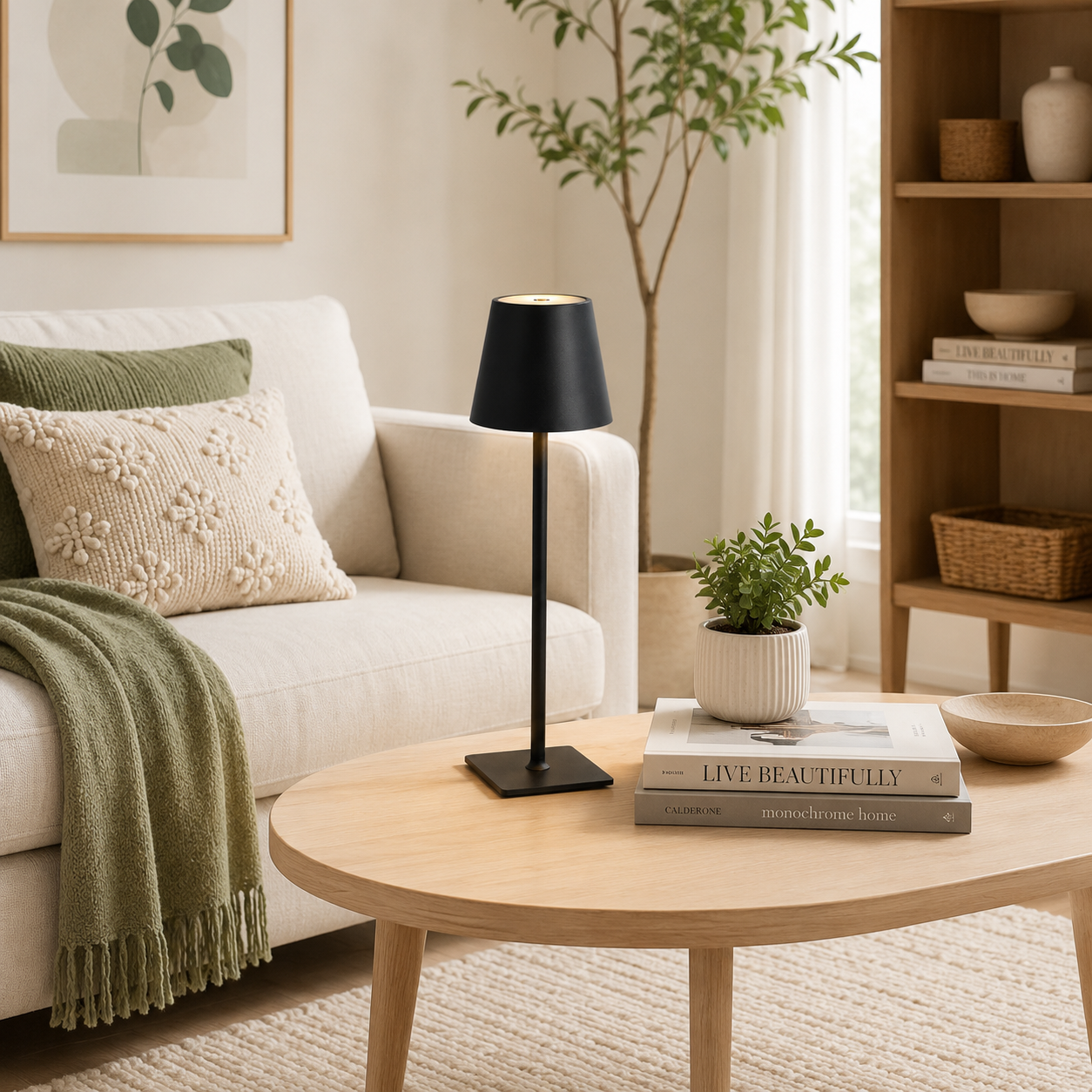 Living room with a beige sofa, wooden coffee table, and decorative items.
