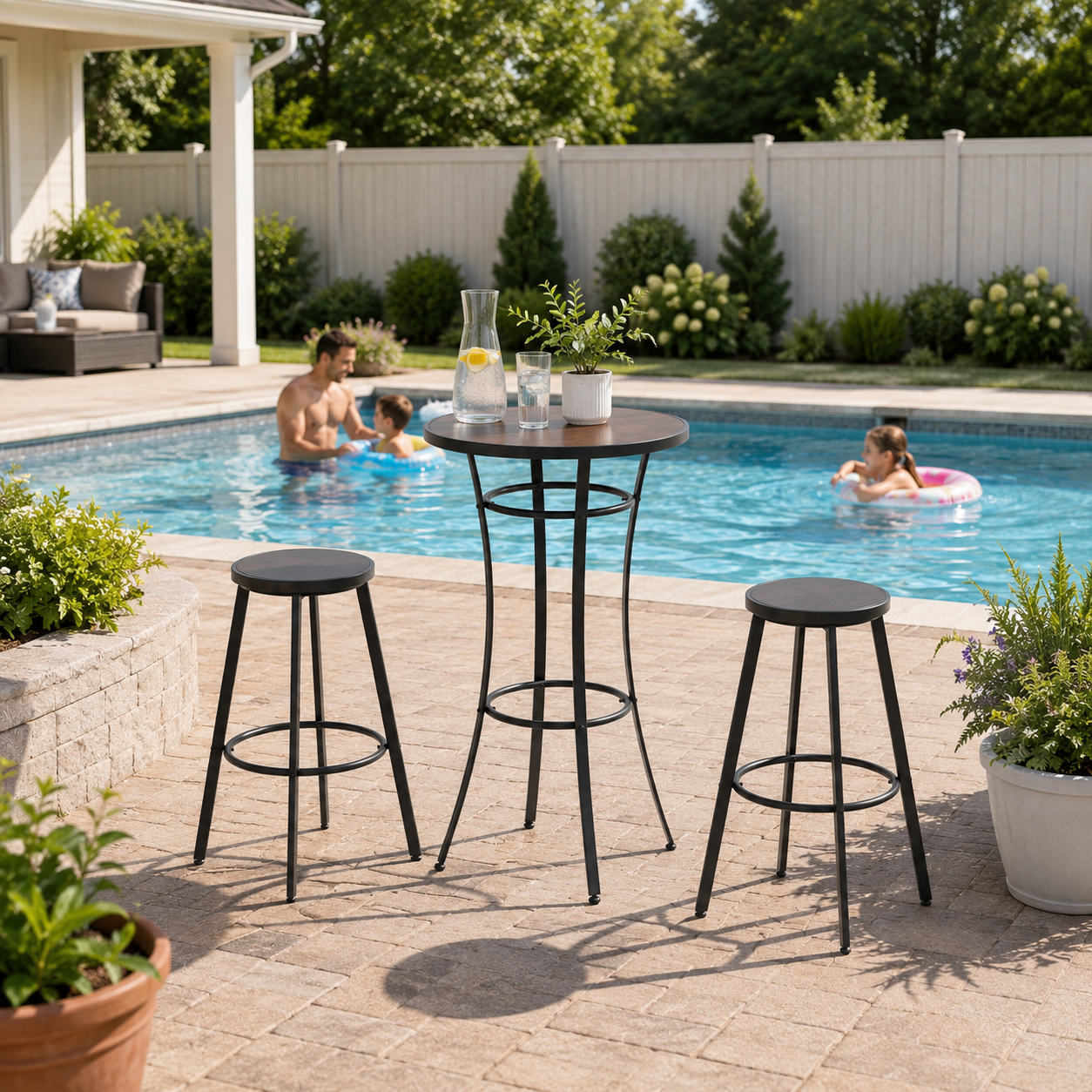 Round Outdoor Bar Table with Steel Frame