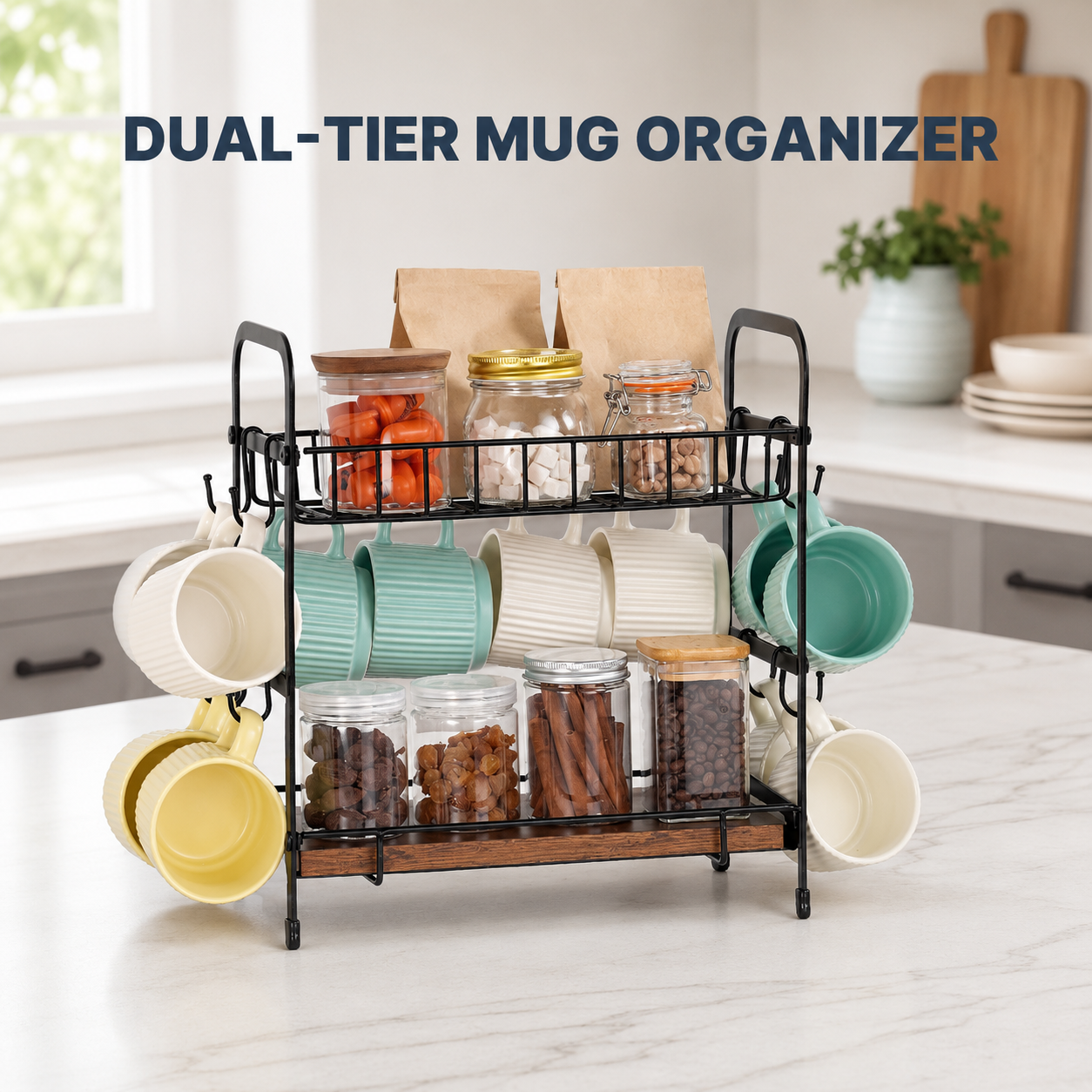A dual-tier mug organizer with a black metal frame and wooden shelves, shown holding mugs, jars, and bags in a bright kitchen setting. The text 'DUAL-TIER MUG ORGANIZER' is displayed at the top. 2-Tier Coffee Bar Organizer with Mug Hooks. Vitly Hub