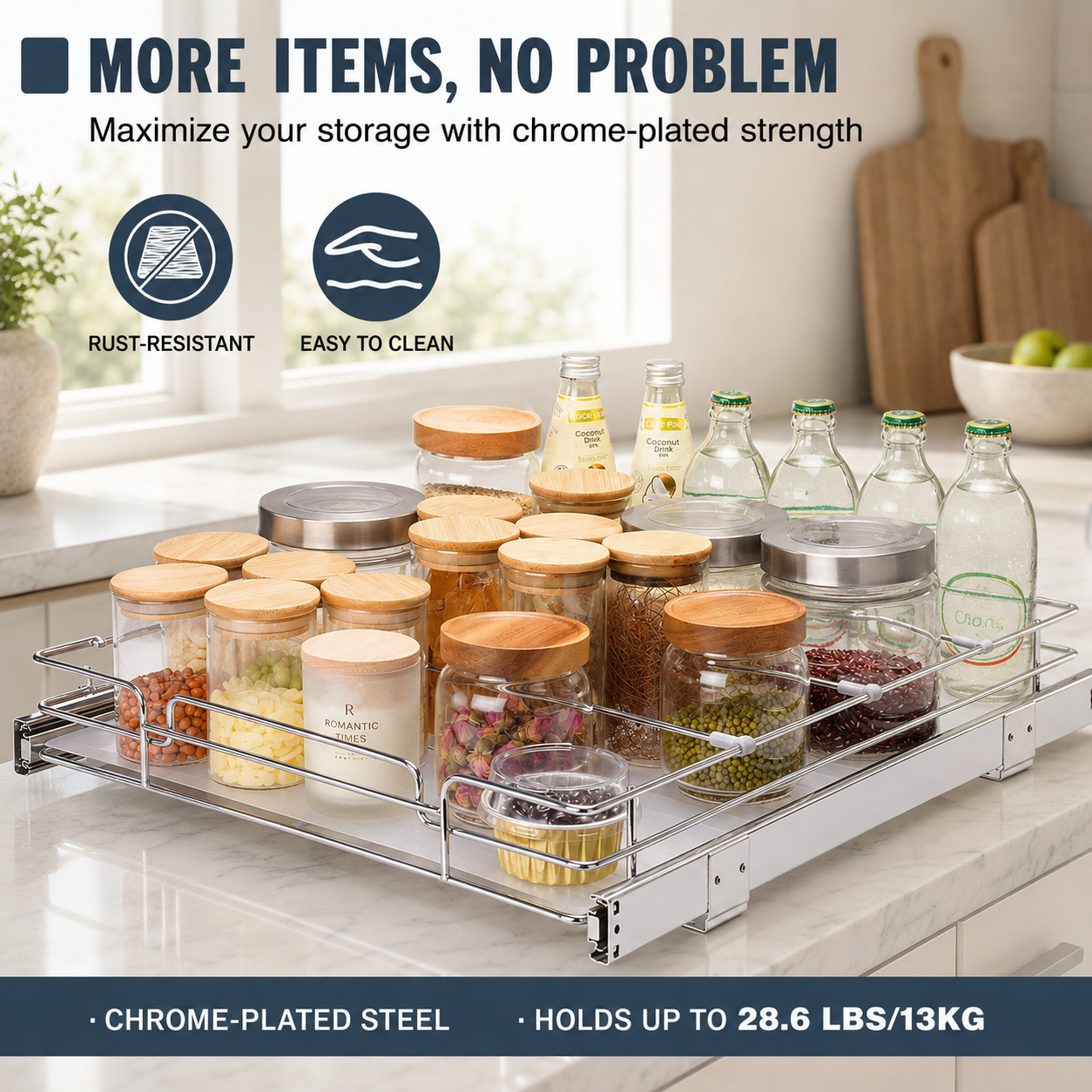 A chrome-plated steel under-cabinet kitchen organizer tray holding clear glass jars with wooden lids and glass bottles, shown installed on a kitchen counter with promotional text overlays. Heavy-Duty Pull-Out Cabinet Organizer. Vitly Hub