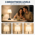 Couple enjoying a meal together with a lamp on a table, showing three brightness levels.