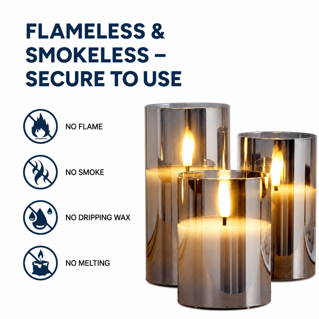 Gray Glass Flameless LED Candle Set with Remote (Set of 3)