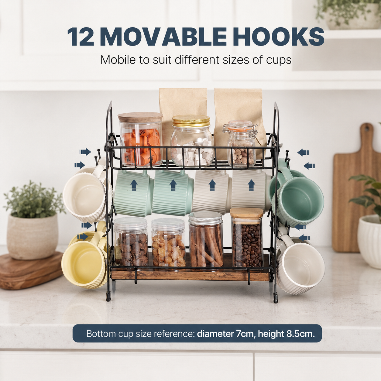 A black metal 12-moveable mug and cup holder rack with a wooden shelf base, shown on a kitchen counter with mugs, jars, and text overlays describing its features. 2-Tier Coffee Bar Organizer with Mug Hooks. Vitly Hub