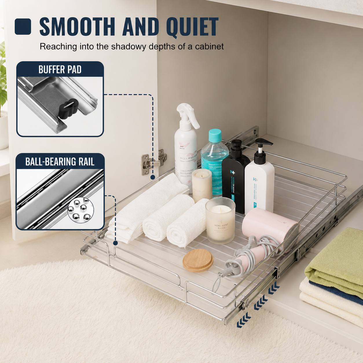 A pull-out cabinet organizer tray shown inside an open bathroom or utility cabinet, holding toiletries and towels. The image includes callout panels explaining the buffer pad and ball-bearing rail features. Heavy-Duty Pull-Out Cabinet Organizer. Vitly Hub