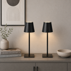 Two black table lamps on a shelf with decorative items in a room.