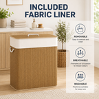 Double Bamboo Laundry Hamper with Lid & Removable Liner