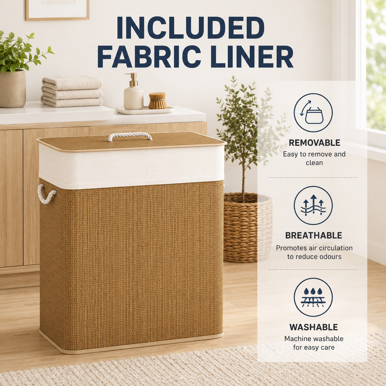 Double Bamboo Laundry Hamper with Lid & Removable Liner