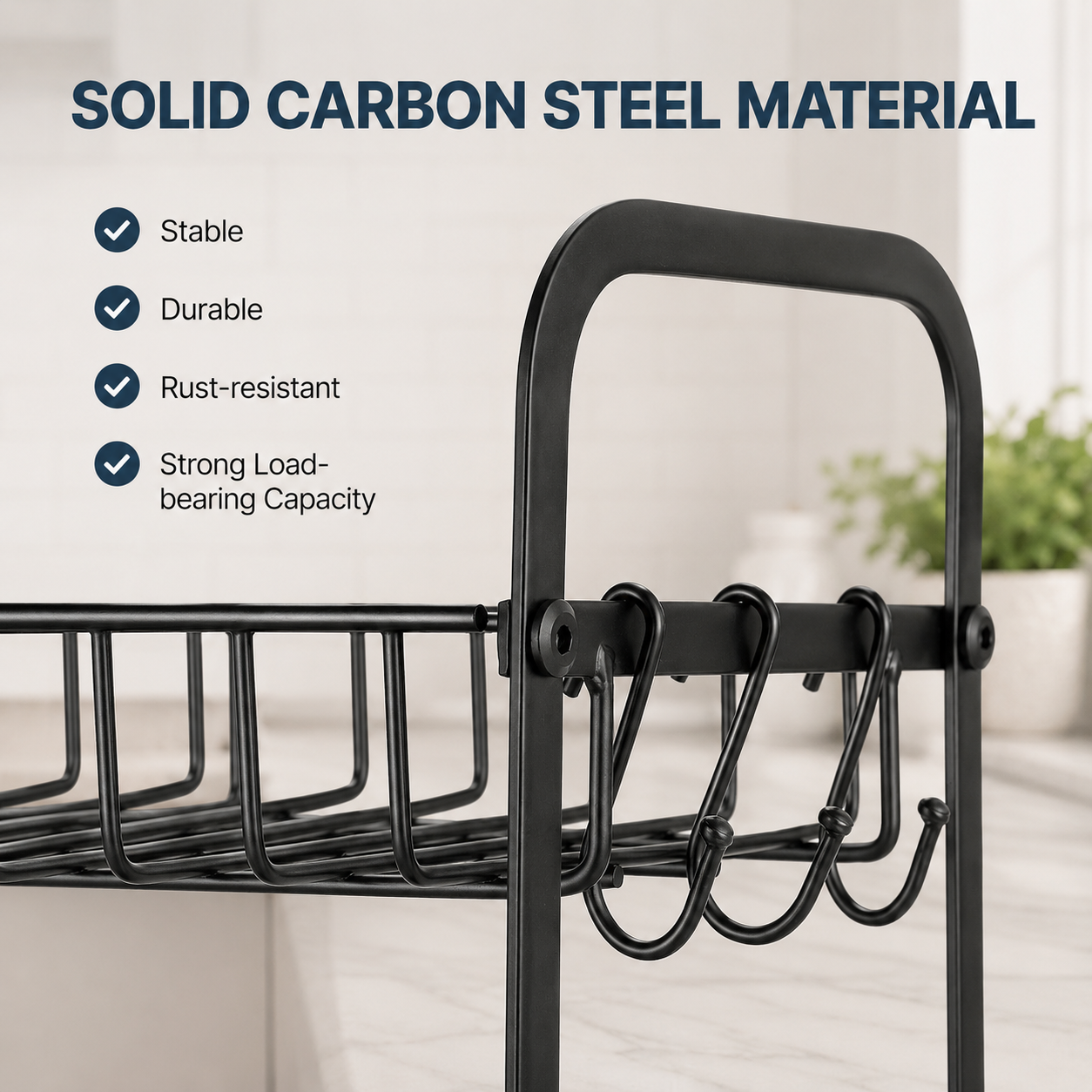 Close-up of a black metal rack with a curved handle and multiple hanging hooks, with text reading 'SOLID CARBON STEEL MATERIAL' and feature bullet points on a light indoor background. 2-Tier Coffee Bar Organizer with Mug Hooks. Vitly Hub