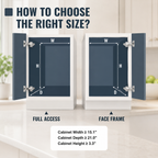 Instructional graphic showing two cabinet door configurations labeled Full Access and Face Frame, with dimensions marked as W, H, and D under the heading 'HOW TO CHOOSE THE RIGHT SIZE?'. Heavy-Duty Pull-Out Cabinet Organizer. Vitly Hub