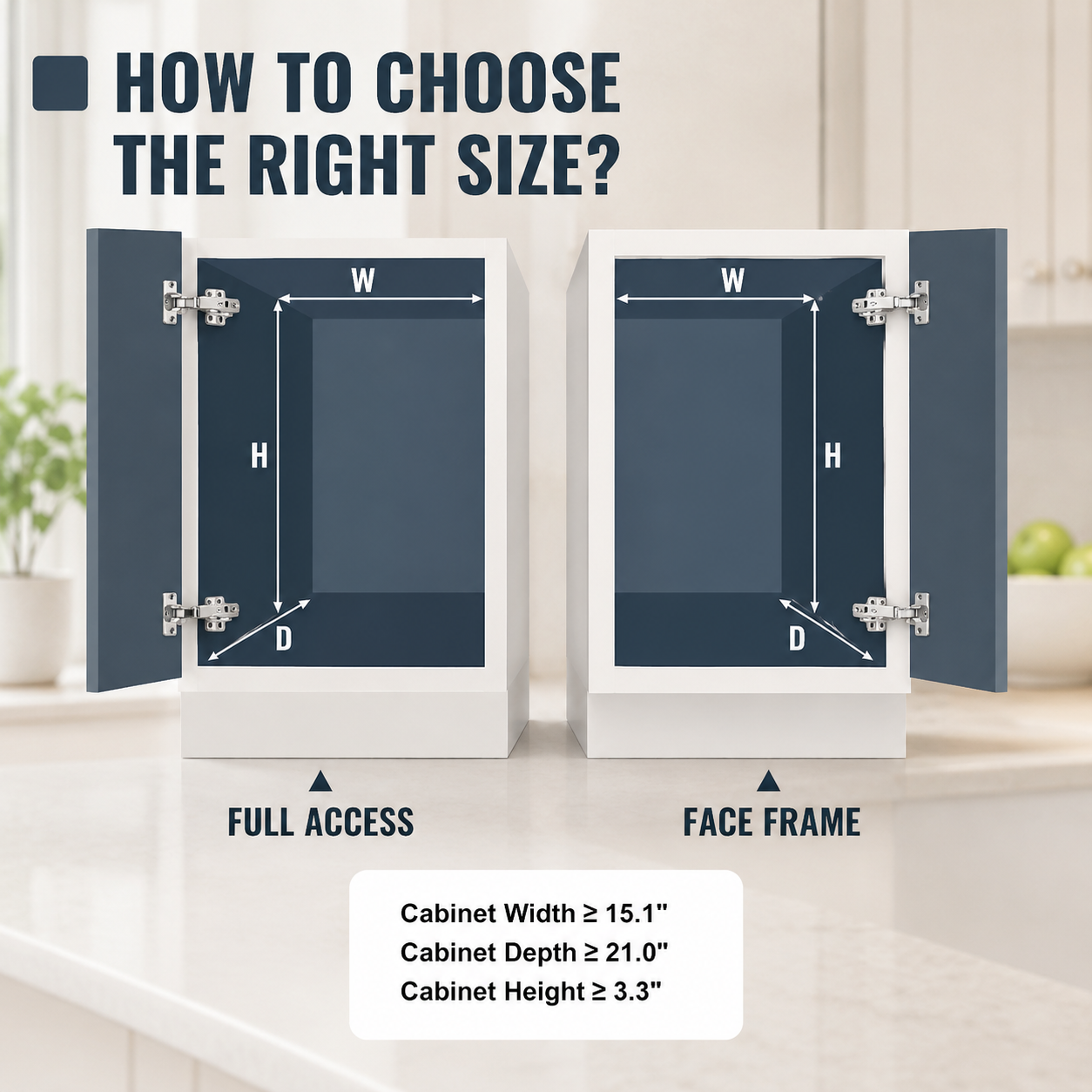 Instructional graphic showing two cabinet door configurations labeled Full Access and Face Frame, with dimensions marked as W, H, and D under the heading 'HOW TO CHOOSE THE RIGHT SIZE?'. Heavy-Duty Pull-Out Cabinet Organizer. Vitly Hub