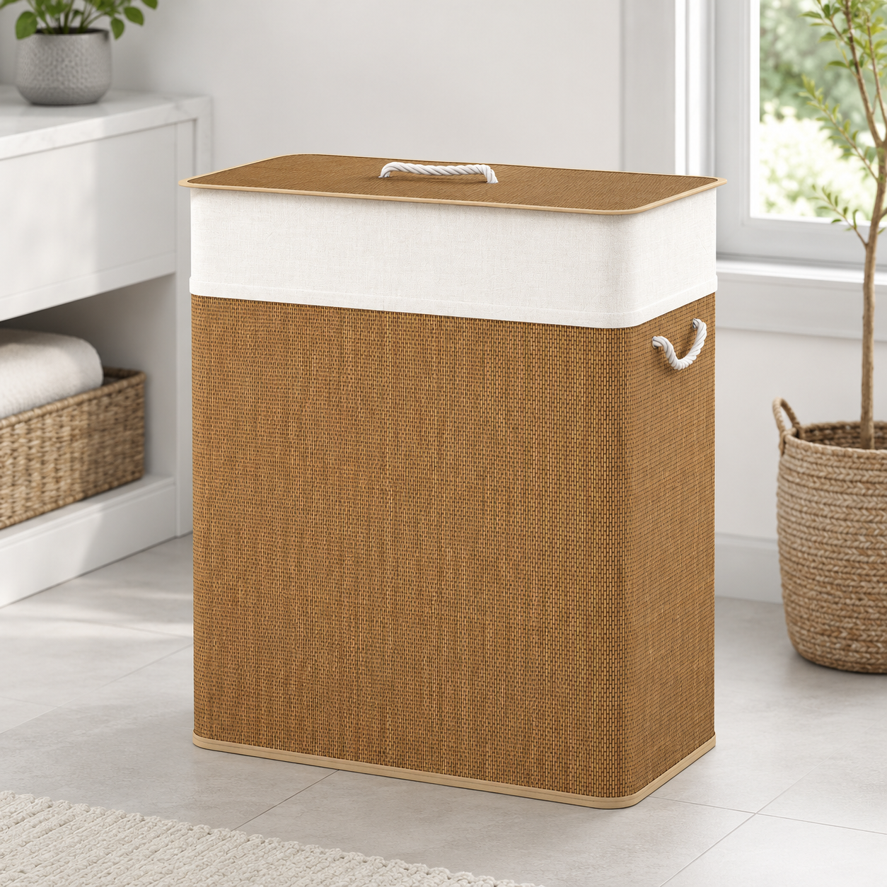 Double Bamboo Laundry Hamper with Lid & Removable Liner