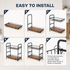Instructional graphic showing six numbered steps of assembling a two-tier rolling storage cart with a wooden base and black metal frame, plus a text note about disconnection ease. 2-Tier Coffee Bar Organizer with Mug Hooks. Vitly Hub