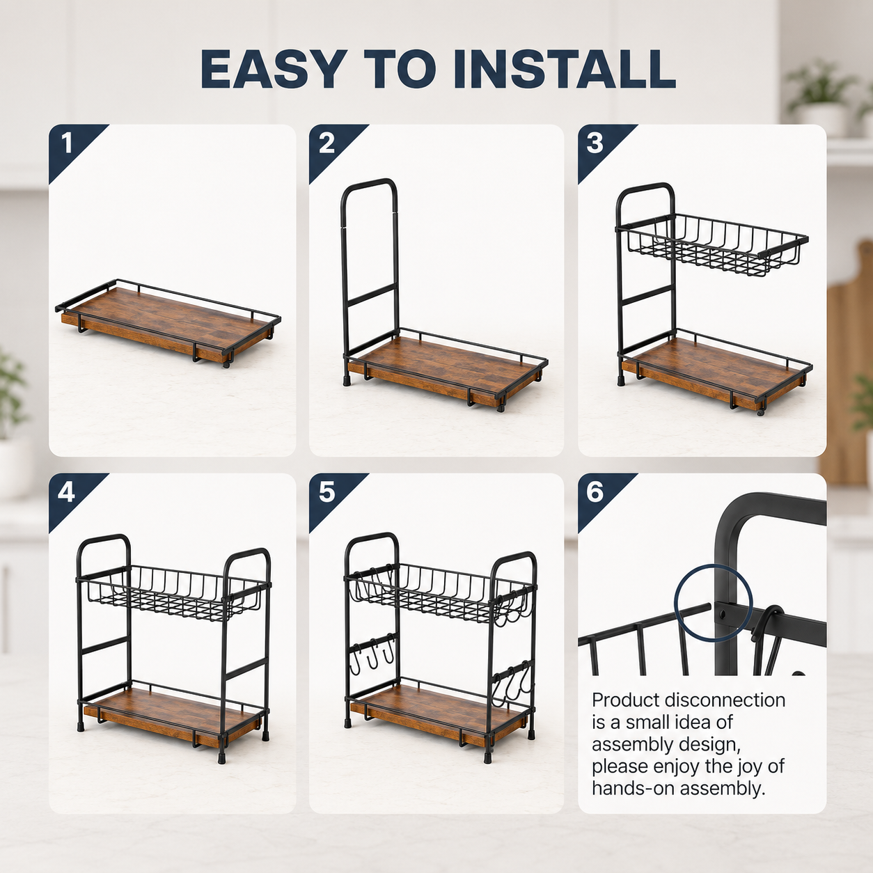 Instructional graphic showing six numbered steps of assembling a two-tier rolling storage cart with a wooden base and black metal frame, plus a text note about disconnection ease. 2-Tier Coffee Bar Organizer with Mug Hooks. Vitly Hub