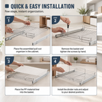 Installation guide graphic showing four steps to set up a pull-out organizer in a cabinet: placing the organizer, tightening screws, lining a basket with a white PP material, and adjusting the divider rods. The background is a softly blurred kitchen interior. Heavy-Duty Pull-Out Cabinet Organizer. Vitly Hub