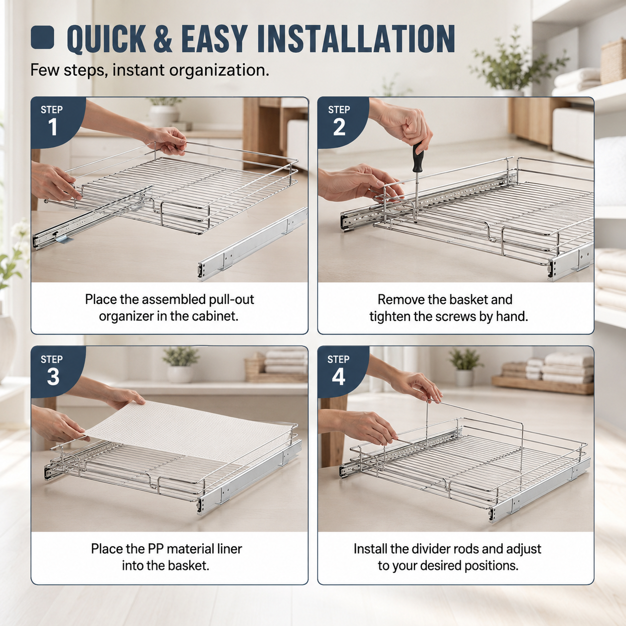 Installation guide graphic showing four steps to set up a pull-out organizer in a cabinet: placing the organizer, tightening screws, lining a basket with a white PP material, and adjusting the divider rods. The background is a softly blurred kitchen interior. Heavy-Duty Pull-Out Cabinet Organizer. Vitly Hub