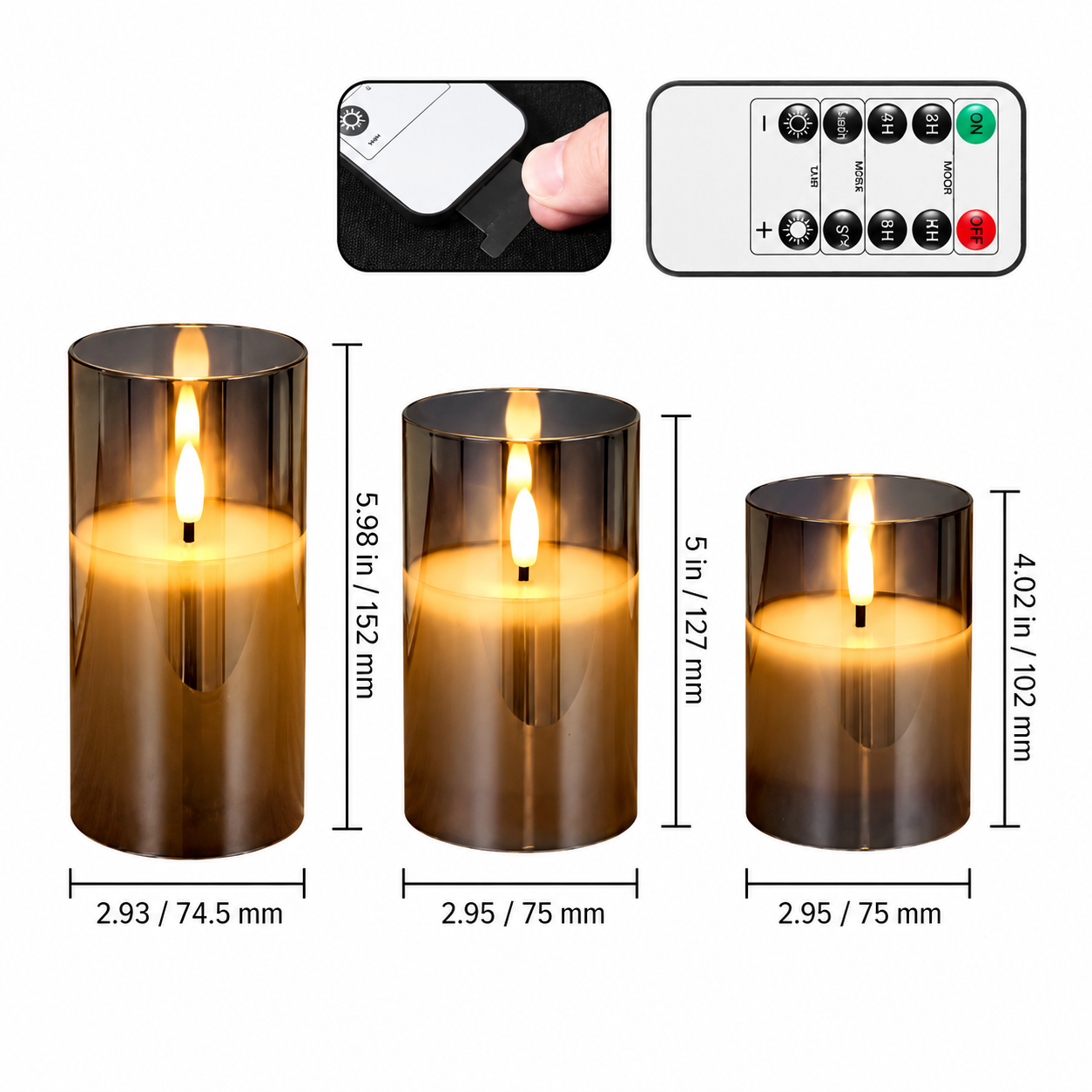 Gray Glass Flameless LED Candle Set with Remote (Set of 3)