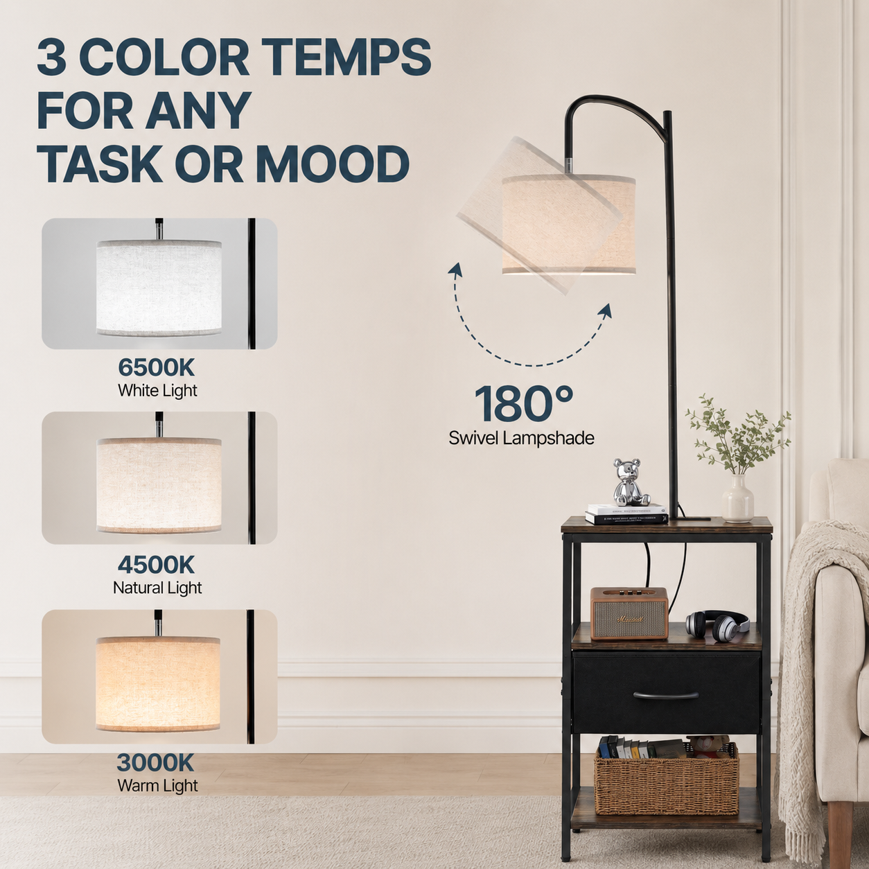 Floor Lamp End Table with Drawer & Charging Station