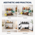A 2x2 collage showing a black metal two-tier spice and mug organizer in different real-world settings: Kitchen, Tea Room, Bedroom, and Study Room. The organizer holds jars, mugs, bottles, and accessories, with the text 'AESTHETIC AND PRACTICAL' at the top. 2-Tier Coffee Bar Organizer with Mug Hooks. Vitly Hub