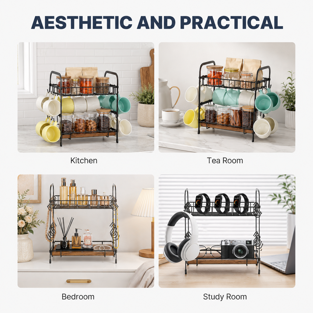 A 2x2 collage showing a black metal two-tier spice and mug organizer in different real-world settings: Kitchen, Tea Room, Bedroom, and Study Room. The organizer holds jars, mugs, bottles, and accessories, with the text 'AESTHETIC AND PRACTICAL' at the top. 2-Tier Coffee Bar Organizer with Mug Hooks. Vitly Hub