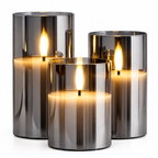 Gray Glass Flameless LED Candle Set with Remote (Set of 3)