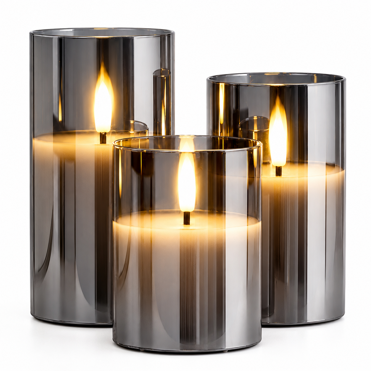 Gray Glass Flameless LED Candle Set with Remote (Set of 3)