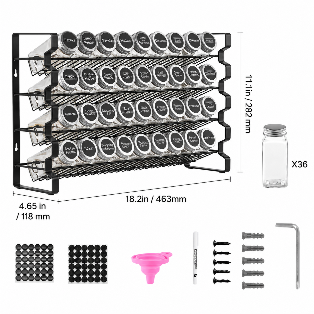 4-Tier Spice Rack Organizer with 36 Glass Jars