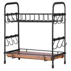 Two-tiered metal and wood shelf with hooks on a white background. 2-Tier Coffee Bar Organizer with Mug Hooks. Vitly Hub