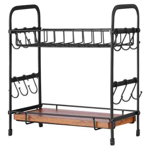 Two-tiered metal and wood shelf with hooks on a white background. 2-Tier Coffee Bar Organizer with Mug Hooks. Vitly Hub