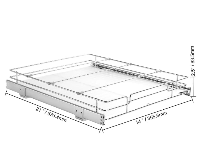 A silver metal drawer organizer rack with dimension annotations showing 21 inches (533.4mm) by 14 inches (355. Heavy-Duty Pull-Out Cabinet Organizer. Vitly Hub