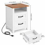 Farmhouse Nightstand with Charging Station, 2 Drawers & Open Shelf